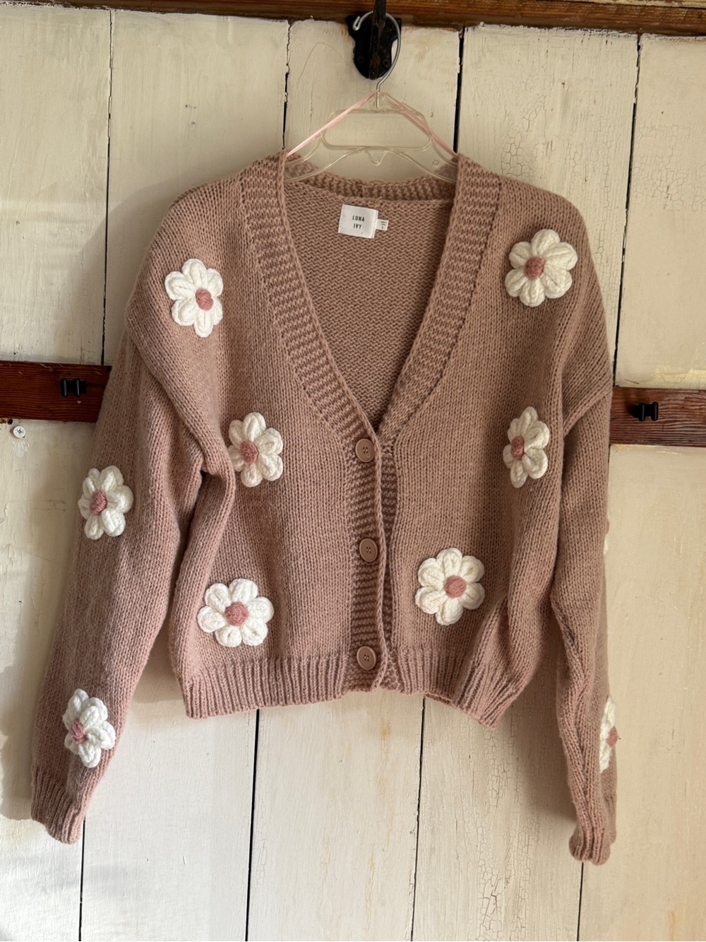 Rowan Pink Daisy-Appliqué V-Neck Cardigan